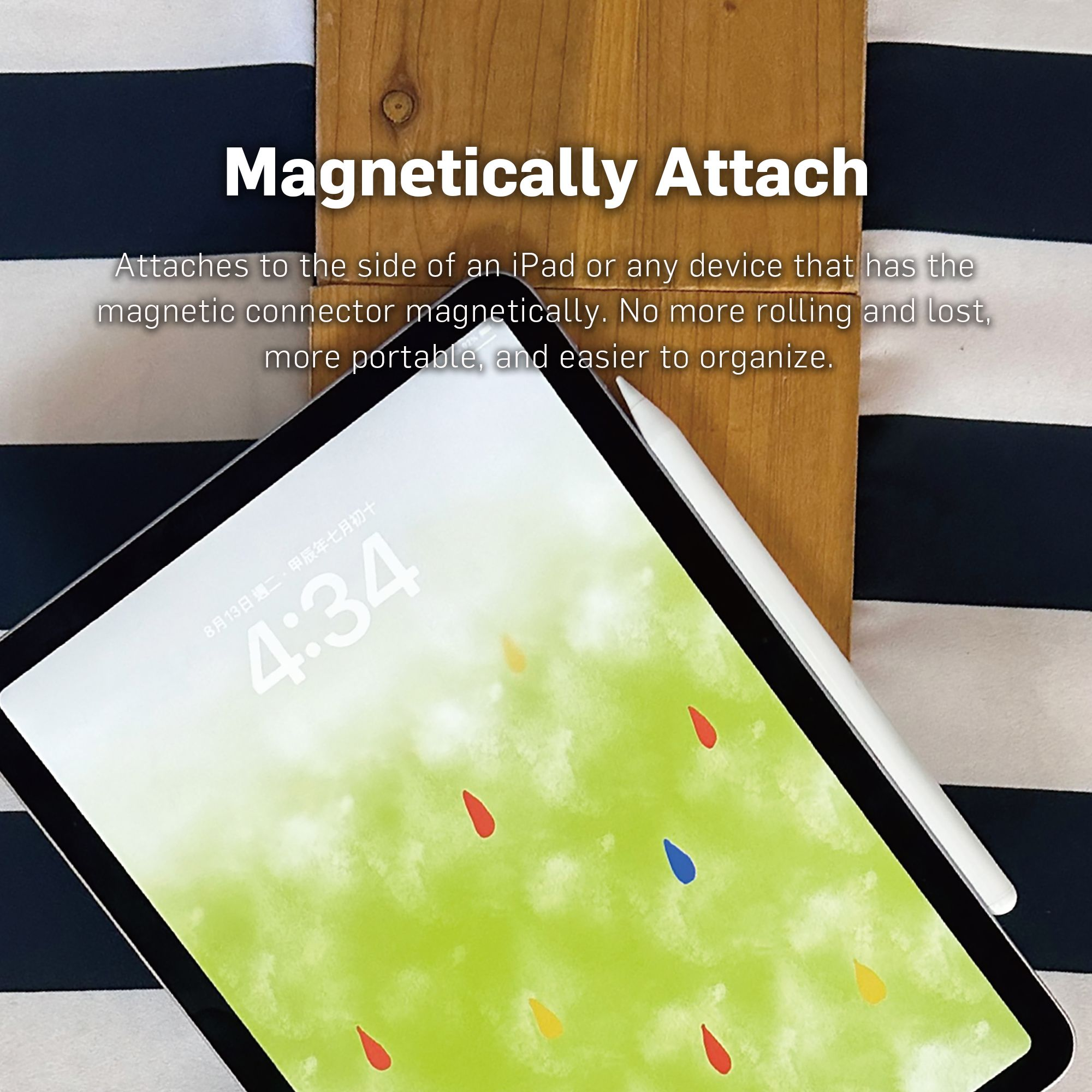iPad con stilo attaccato magneticamente al lato, su sfondo a righe.