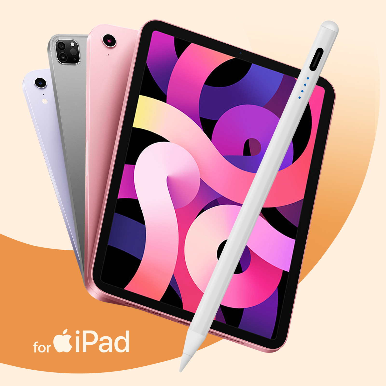 Tre iPad viola, rosa e grigi con una penna bianca e sfondo colorato.