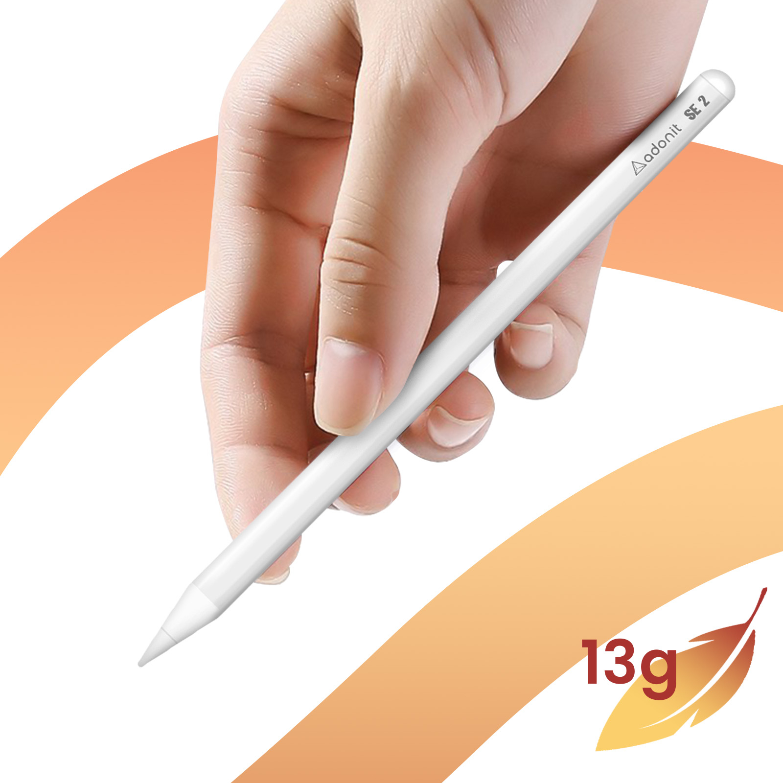 Una mano tiene uno stilo Adonit SE 2 bianco. Il testo dice 13g.