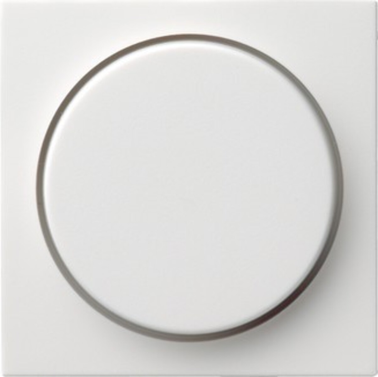 Un pulsante rotondo bianco con bordo scuro su placca quadrata bianca.