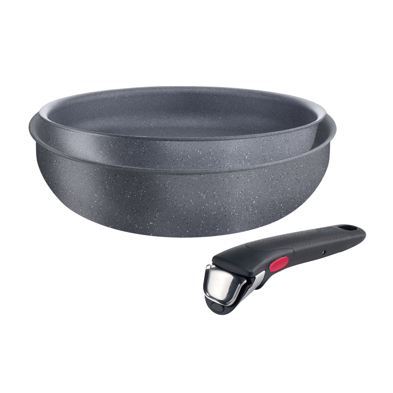 Szara, nakrapiana patelnia i odpinana czarna rączka z czerwonym przyciskiem.