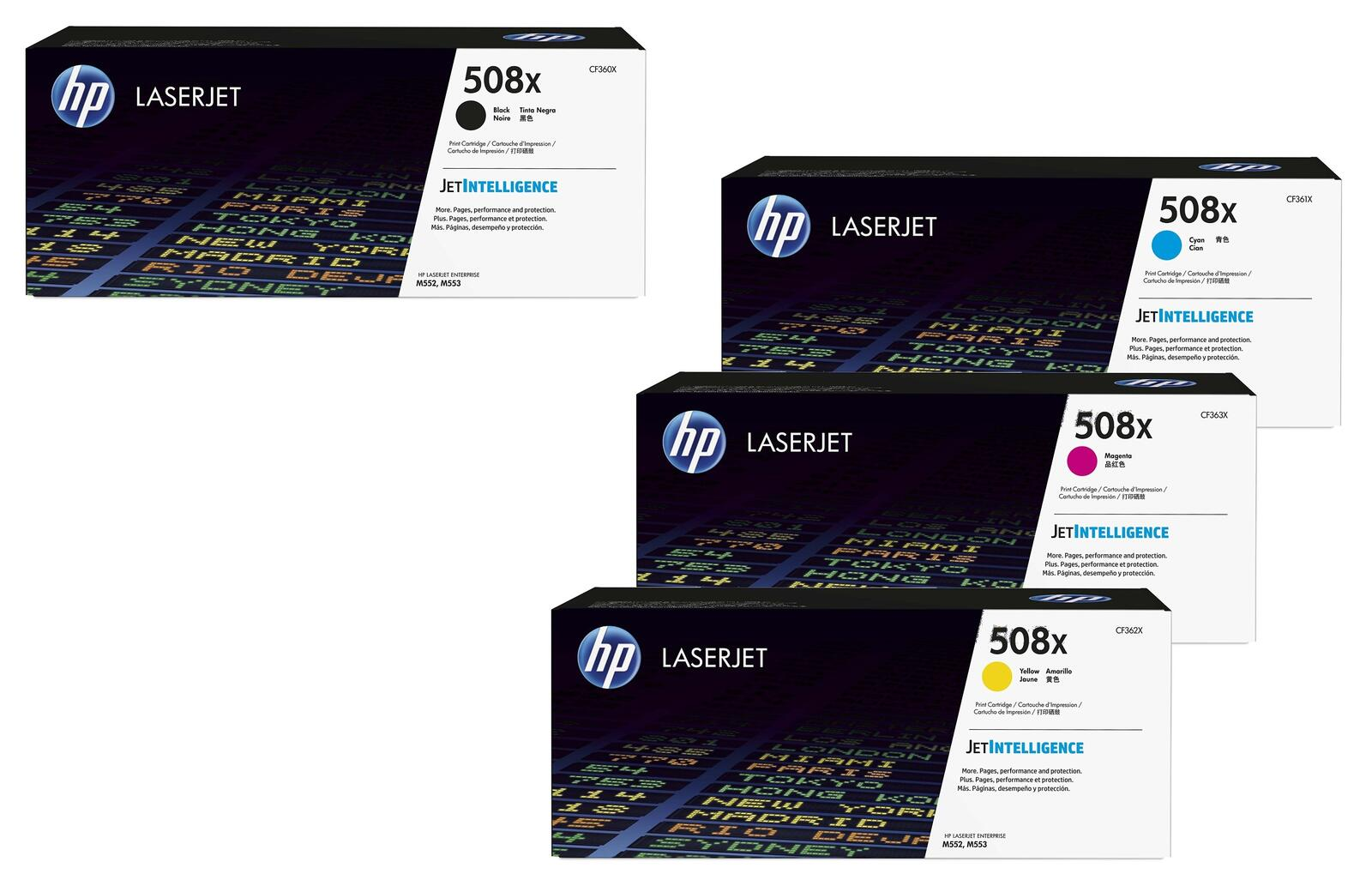 Quattro toner HP LaserJet 508x: Nero, Ciano, Magenta e Giallo, su mappa cittadina.
