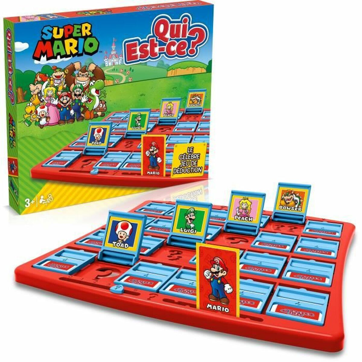 Gioco da tavolo Super Mario 'Indovina Chi?' con carte personaggio come Mario, Luigi, Toad, Peach e Bowser.