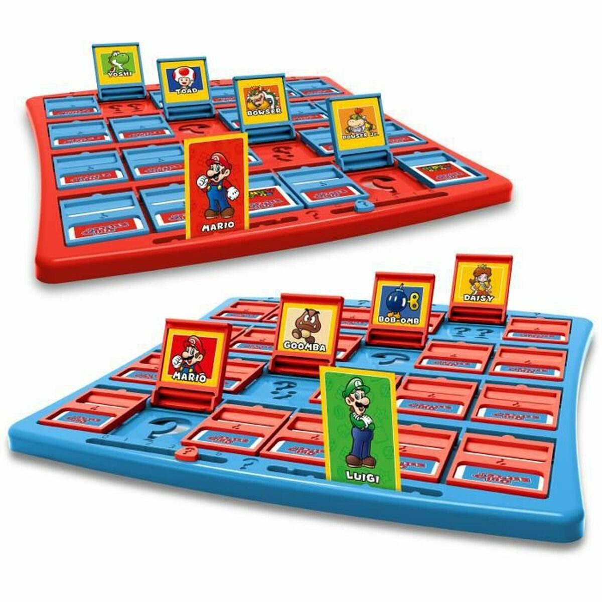 Due giochi da tavolo di indovinelli di Mario con carte personaggio.