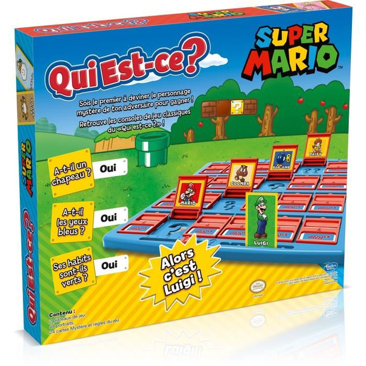 Scatola del gioco da tavolo 'Chi è?' di Super Mario con personaggi Mario, Luigi, Goomba, Daisy.