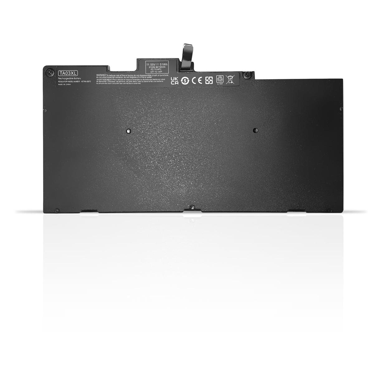 Batteria nera per laptop modello TA03XL, 11,55V, 51Wh e vari loghi di sicurezza.