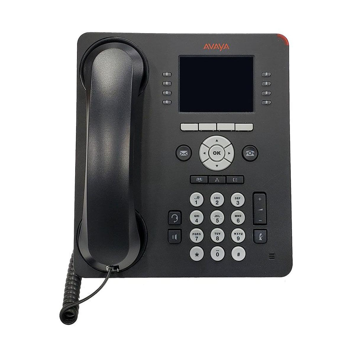 Un telefono da scrivania Avaya nero con cornetta e tastiera.