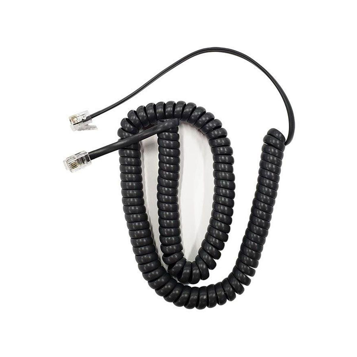 Un cavo a spirale nero con due connettori RJ11 su sfondo bianco.