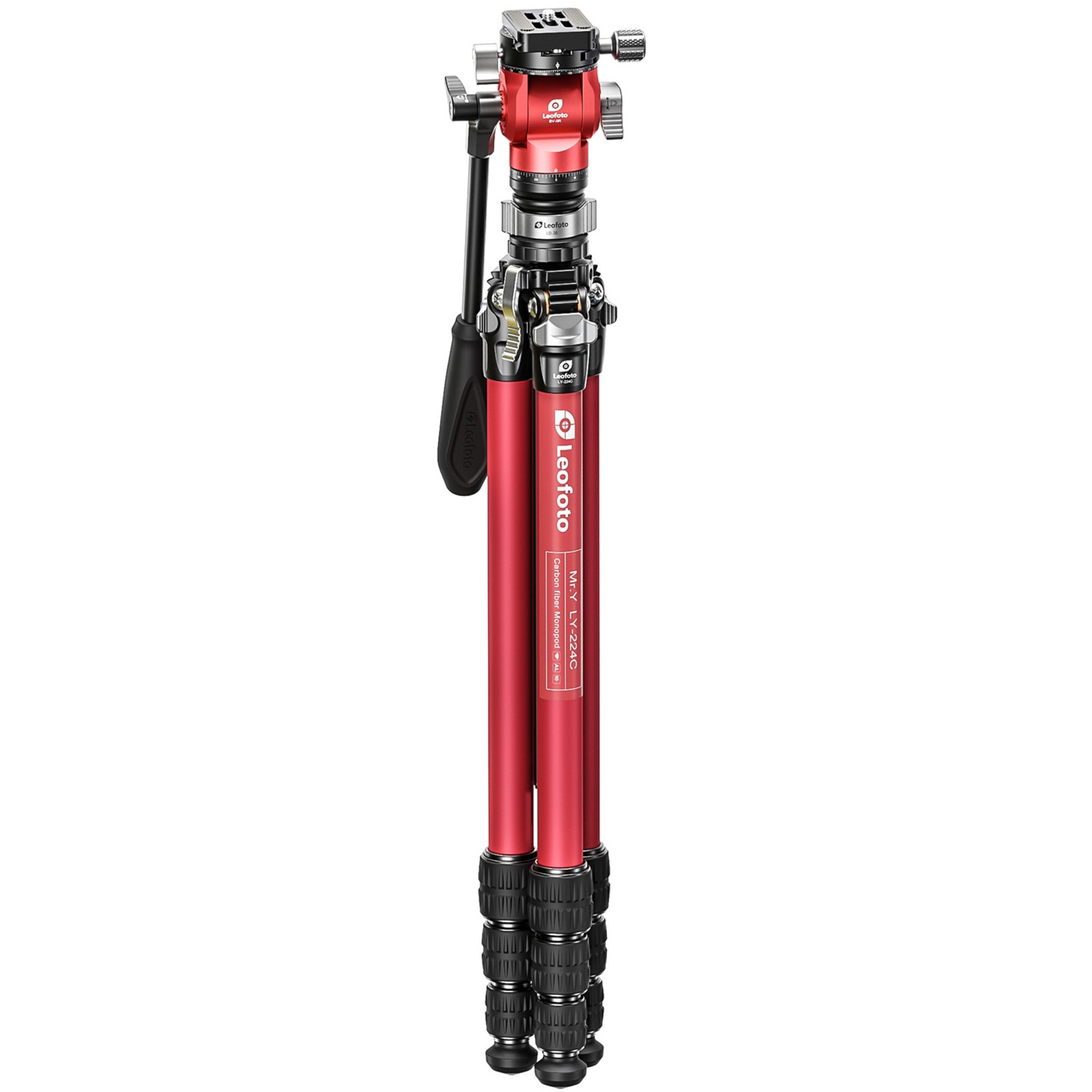 Ein roter Leofoto Carbonfaser-Einbeinstativ mit Kugelkopf und verstellbaren Beinen, auf weißem Hintergrund.