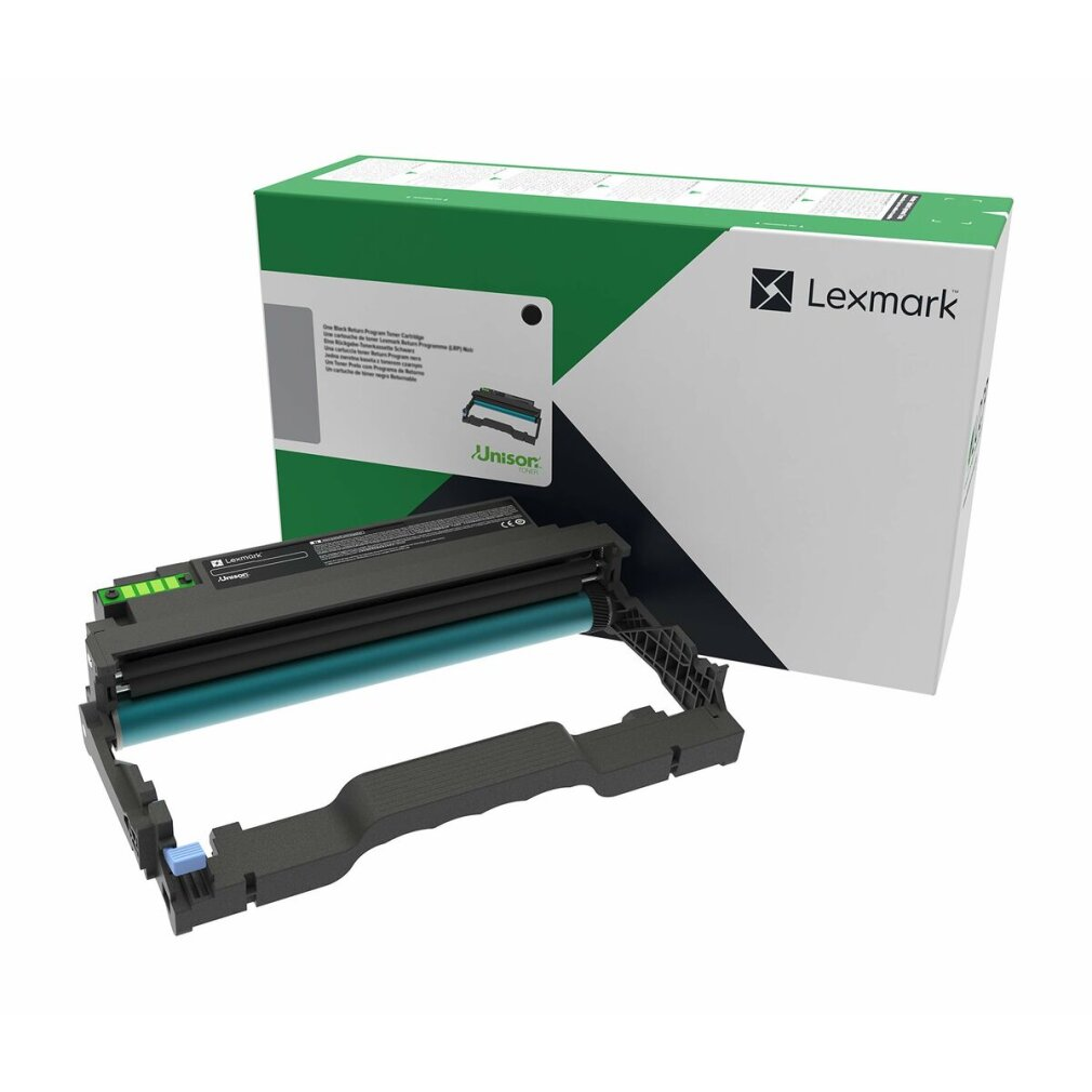 Unità tamburo stampante Lexmark e scatola verde/bianca su sfondo bianco.