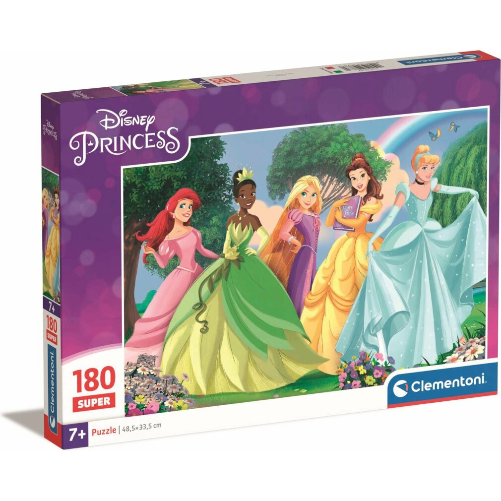 Scatola puzzle Disney Princess mostra 5 principesse in abiti colorati all'aperto con un arcobaleno.