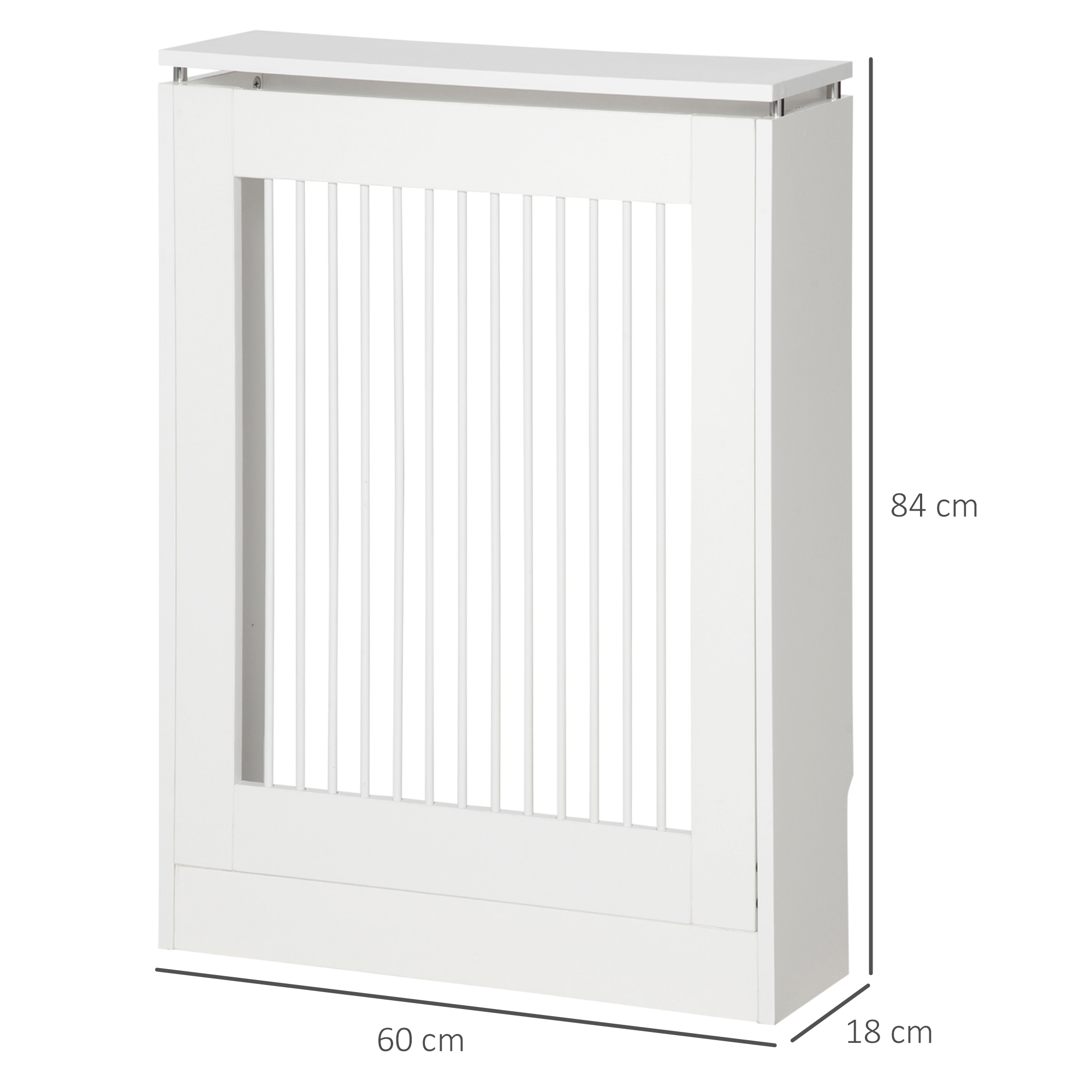 Copritermosifone bianco con lamelle verticali, dimensioni 60x18x84 cm.