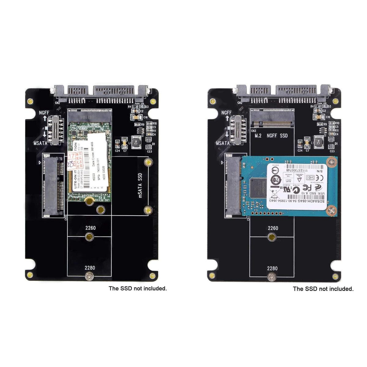 Due adattatori mostrati: uno per SSD mSATA, uno per SSD M.2 NGFF. Entrambi sono neri.