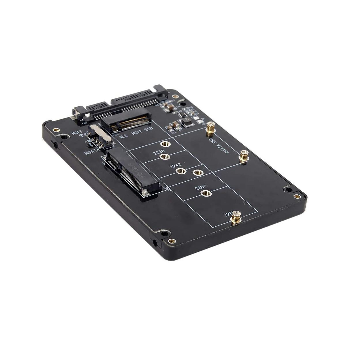Una scheda di circuiti nera con connettori per M.2 NGFF, SSD MSATA e SATA. Ha pin dorati ed etichette.