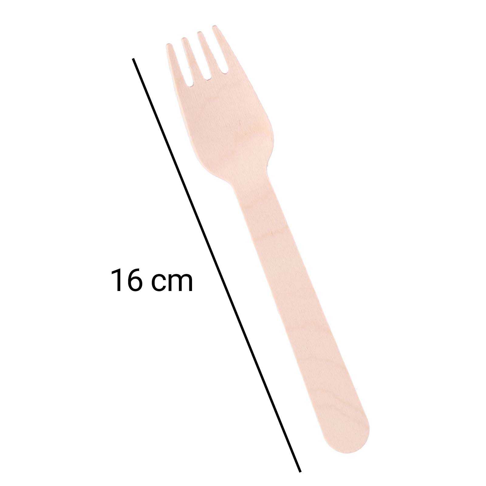 Una singola forchetta di legno su sfondo bianco, lunga 16 cm.