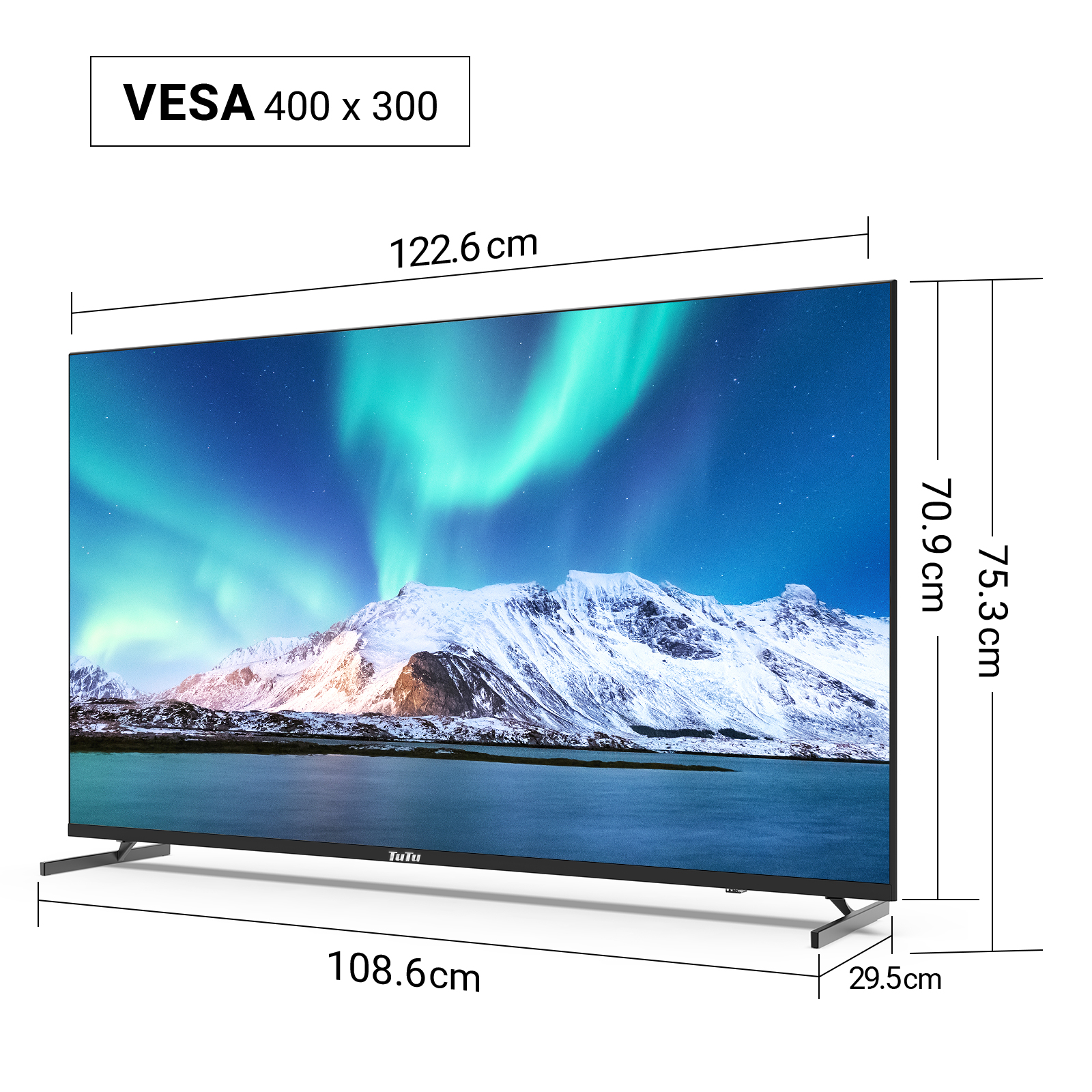 TV with aurora borealis on screen. VESA 400x300. Dimensions: 122.6cm W, 75.3cm H, 29.5cm D.