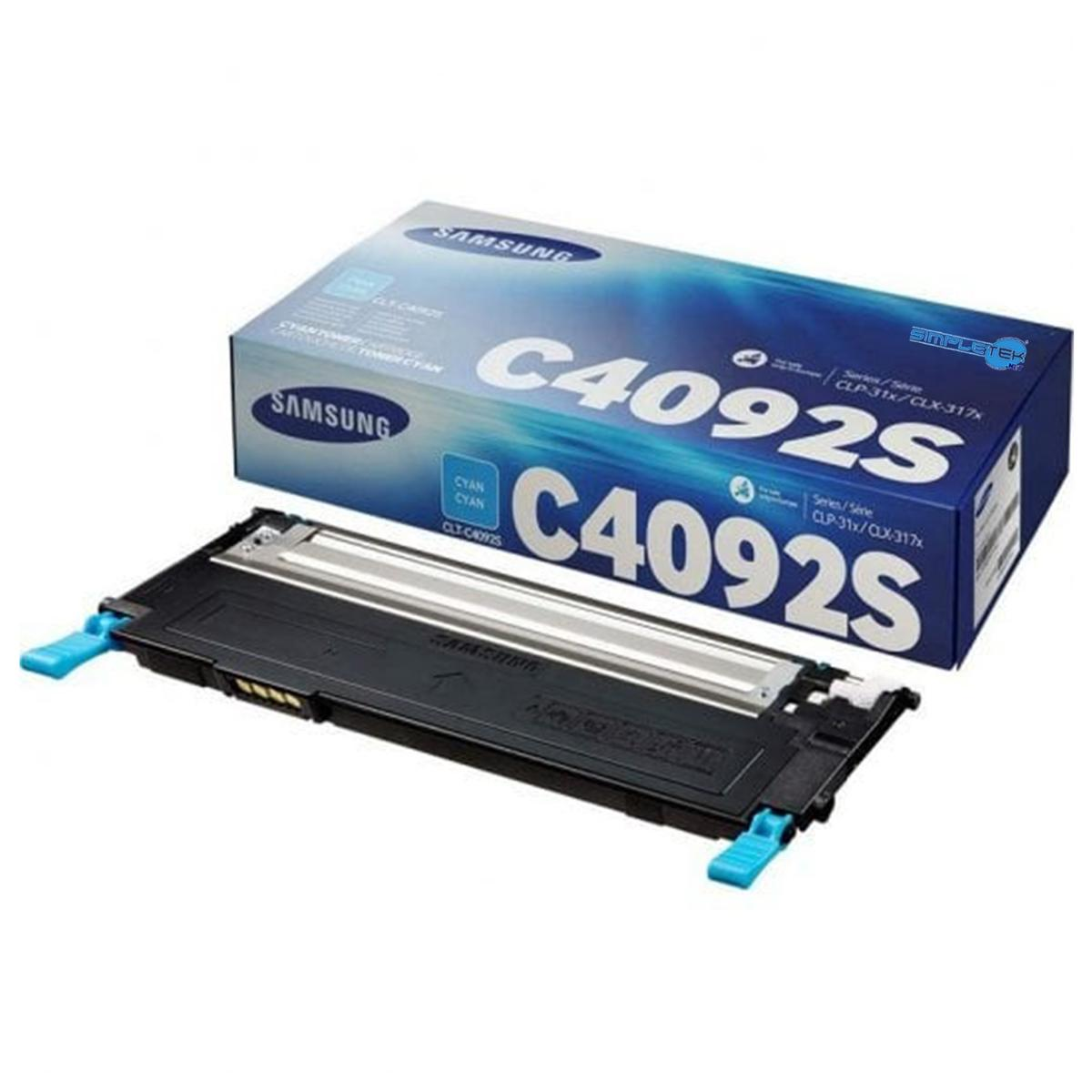 Cartuccia toner ciano Samsung C4092S e la sua scatola su sfondo bianco.