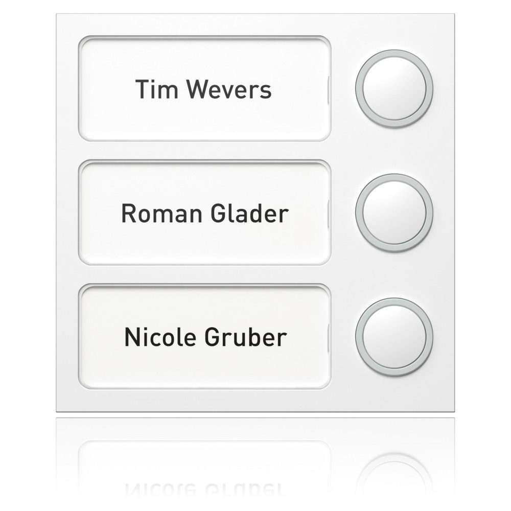 Tre targhette con pulsanti: Tim Wevers, Roman Glader, Nicole Gruber.