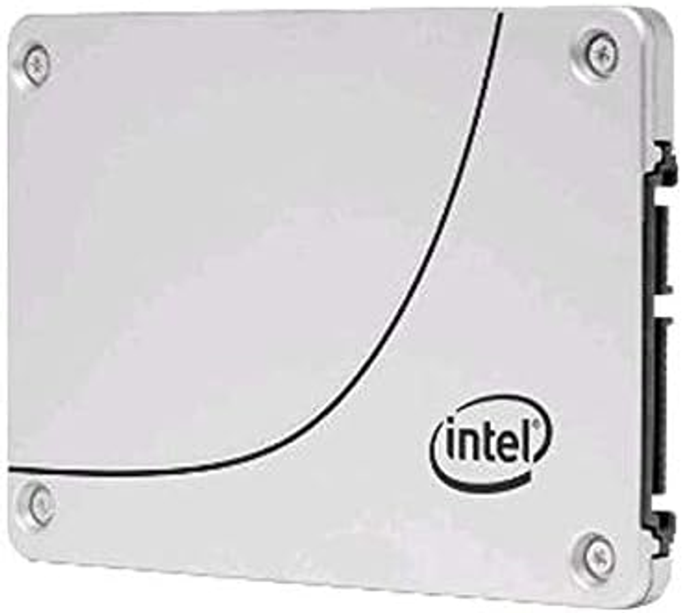 SSD Intel argentato con linea curva nera e logo.