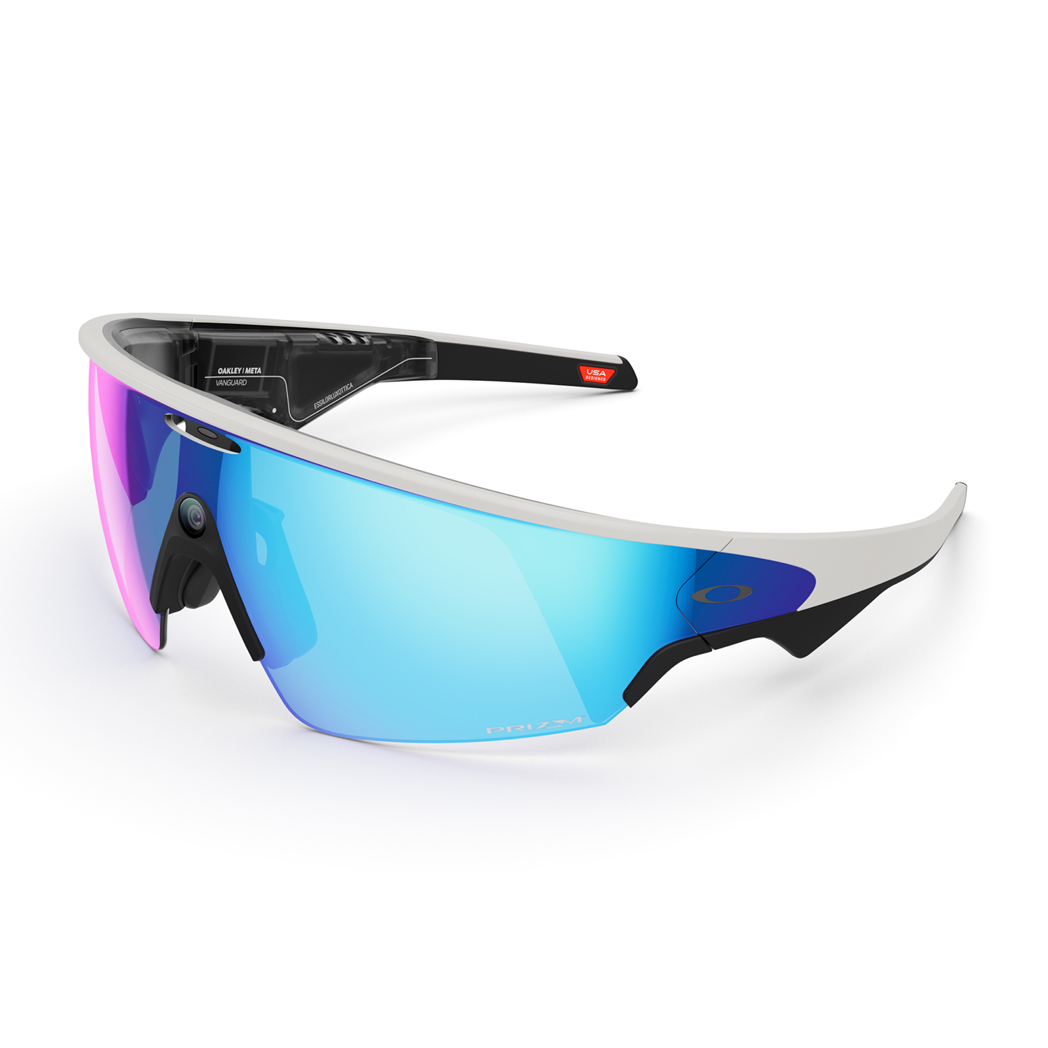 Weiße Oakley-Sonnenbrille mit blauen und pinken Gläsern auf weißem Hintergrund.
