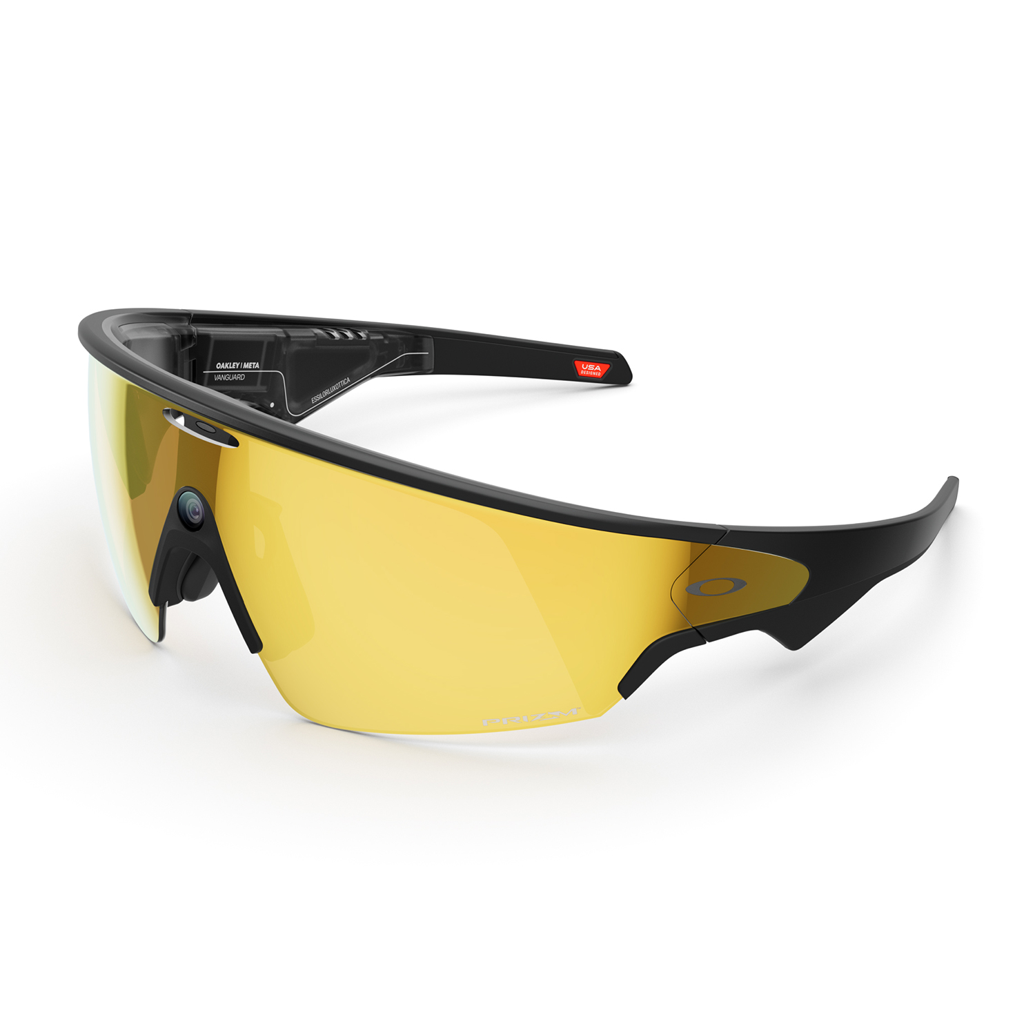 Schwarze Oakley Sportbrille mit gelben Gläsern und Logo. Weißer Hintergrund.