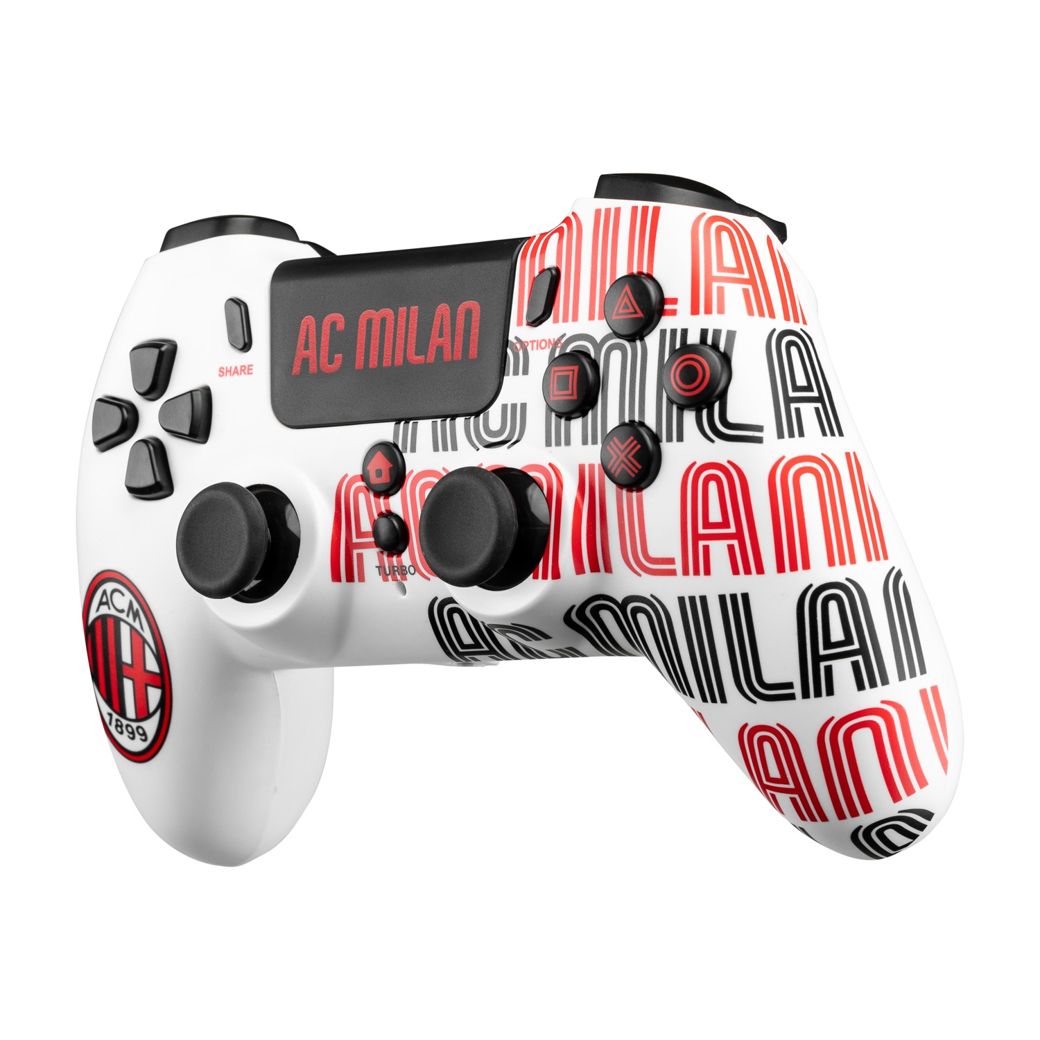 Controller bianco con logo AC Milan e scritte in rosso e nero.
