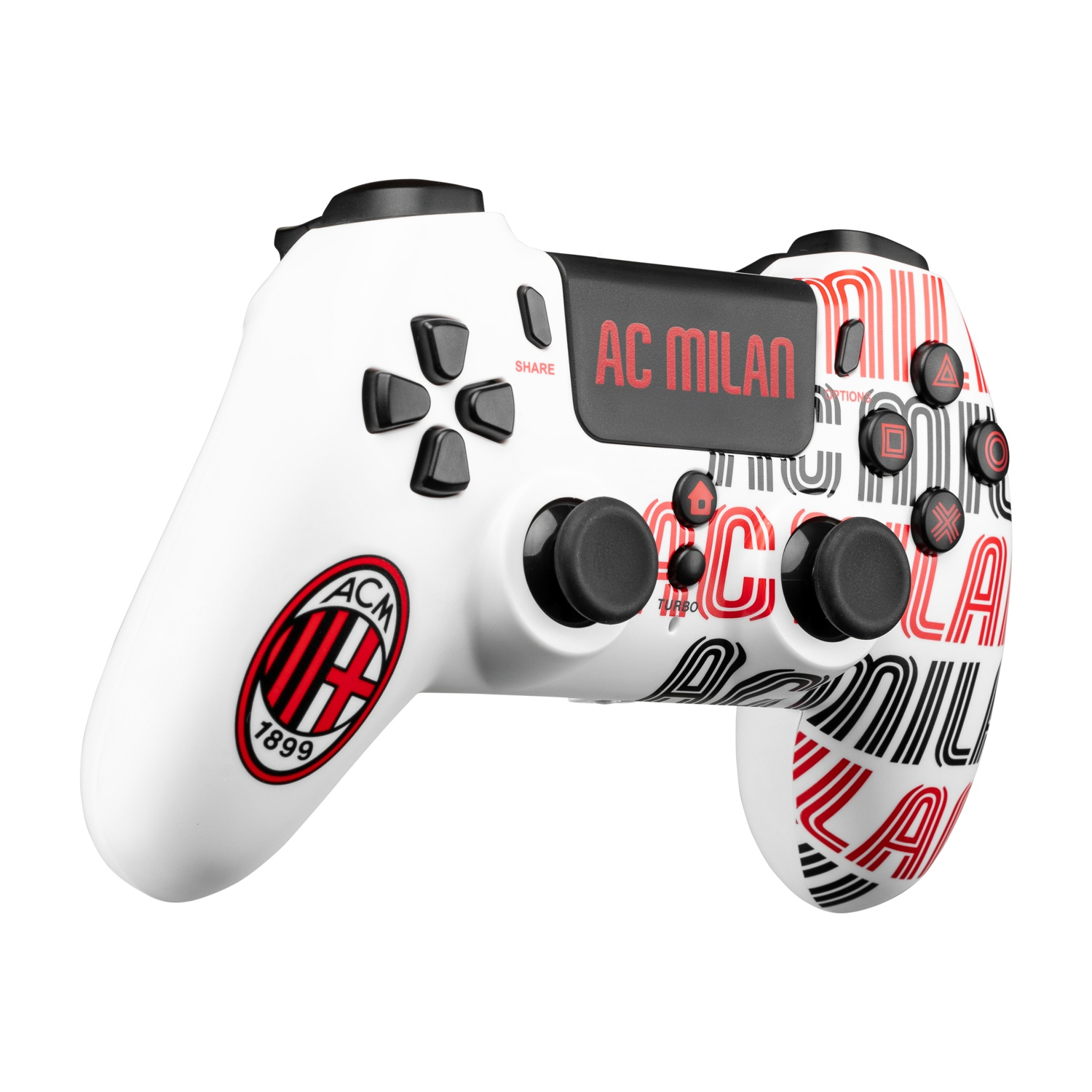 Controller bianco con logo AC Milan e motivo testuale.