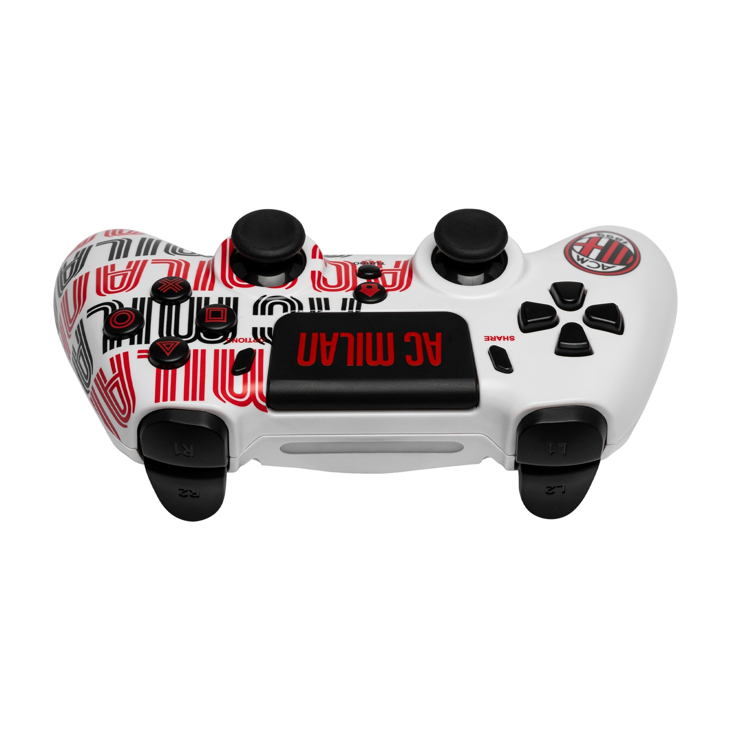 Un controller bianco con design e simboli rossi e neri dell'AC Milan.