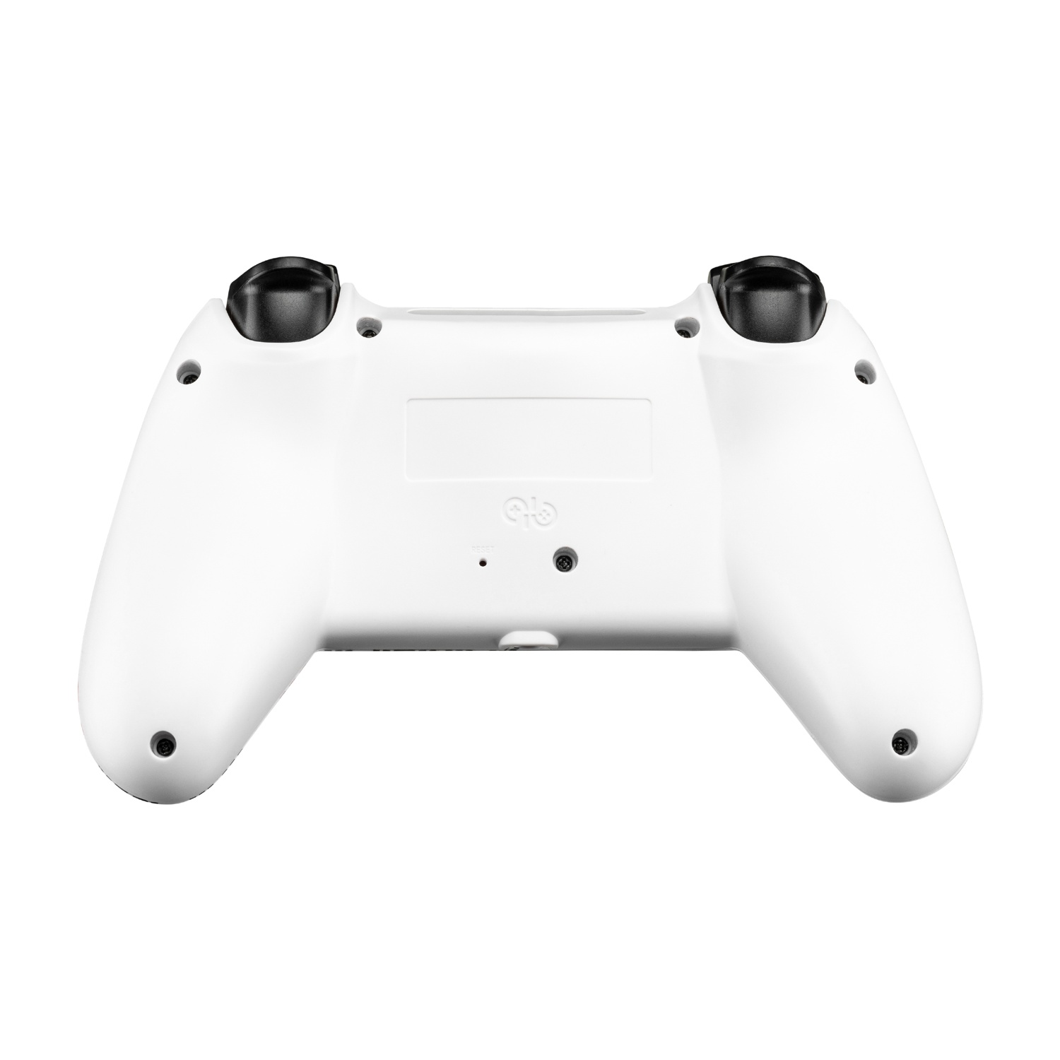 Controller di gioco bianco, vista inferiore, con joystick neri e viti visibili.