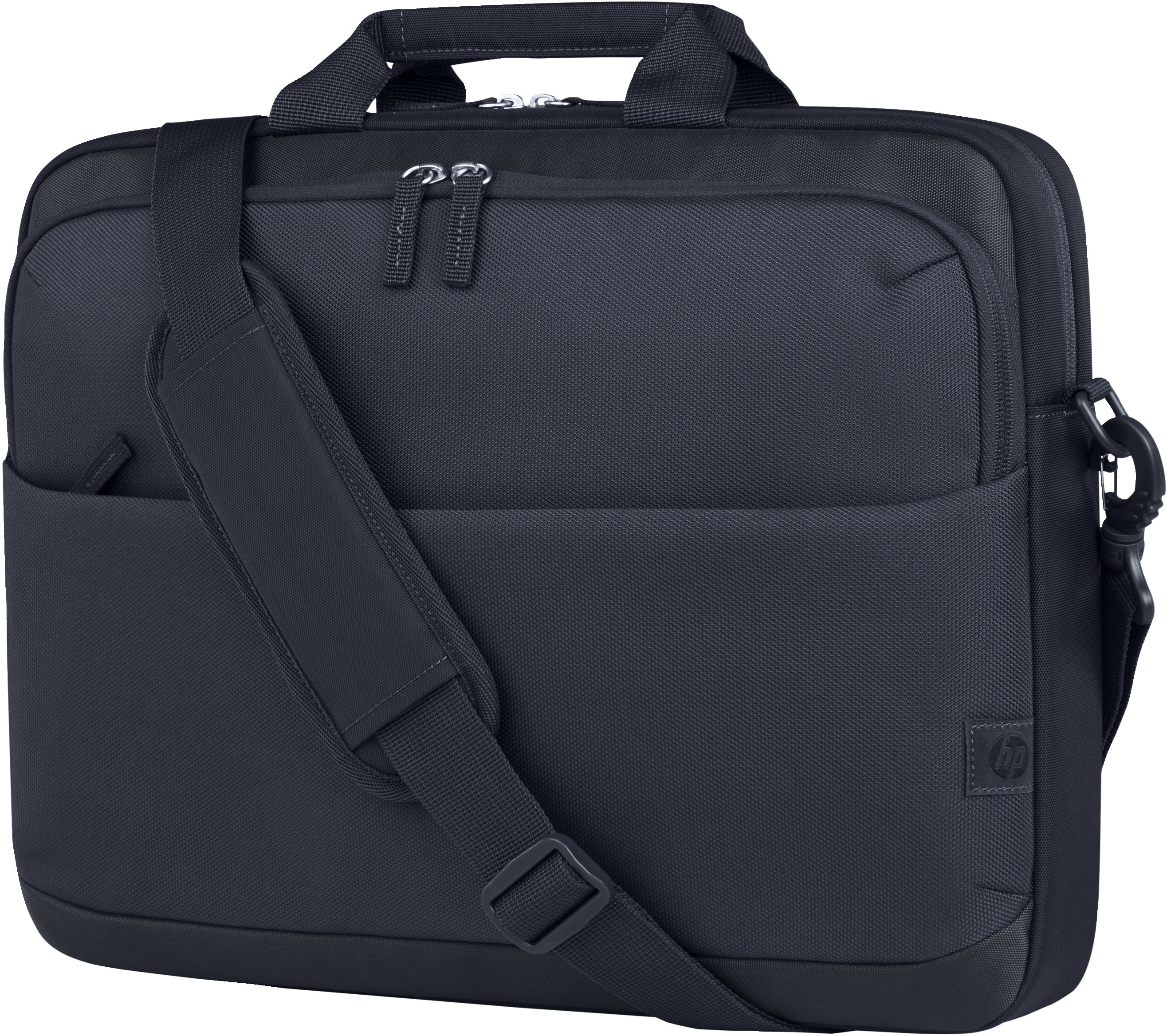 Eine dunkelblaue HP Laptoptasche mit einem Schultergurt und zwei Reißverschlüssen vorne.