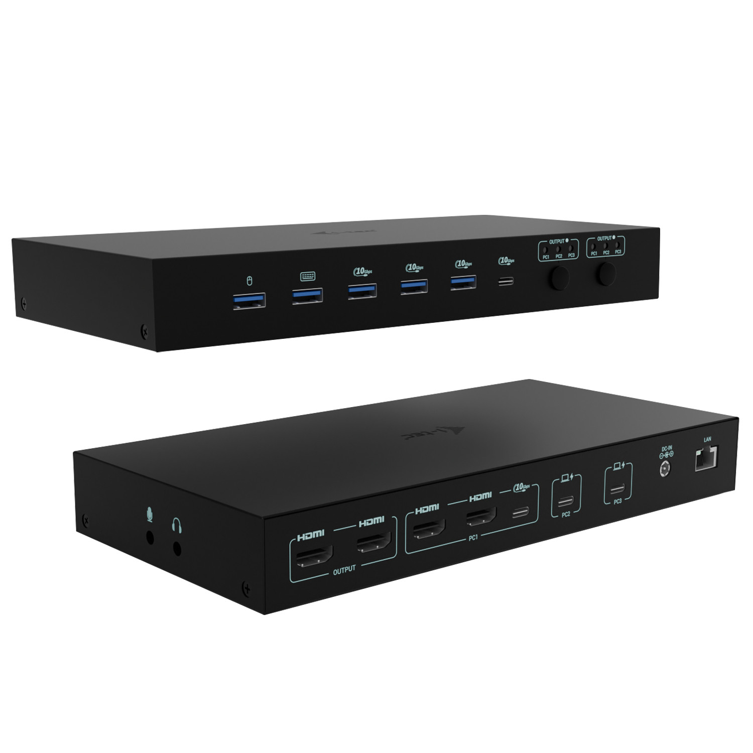 Uno switch KVM nero con porte HDMI, USB e LAN. Un secondo dispositivo mostra porte USB e manopole.