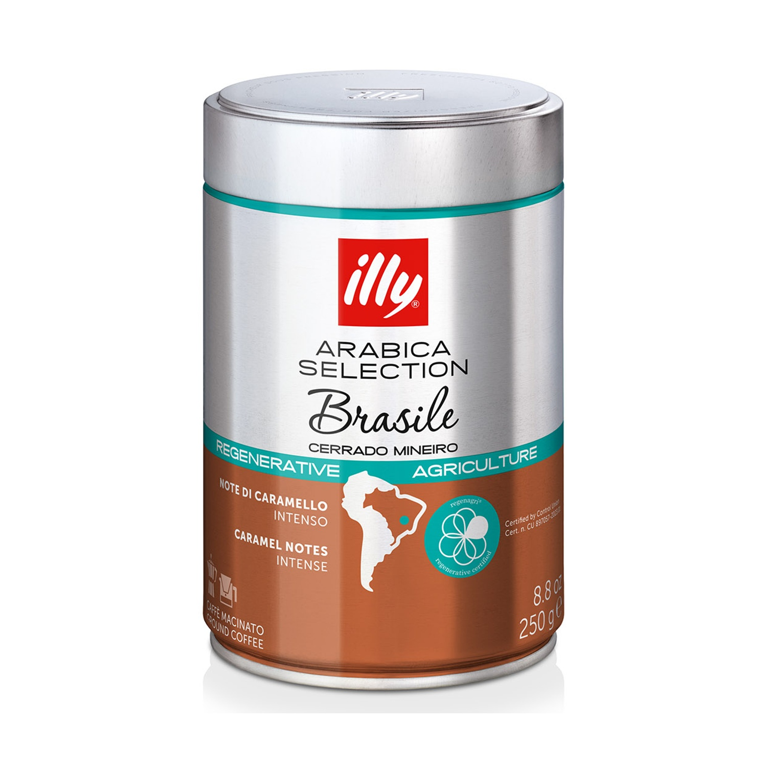 Lattina caffè Illy: Selezione Arabica Brasile, caffè macinato, note caramello, agricoltura rigenerativa.