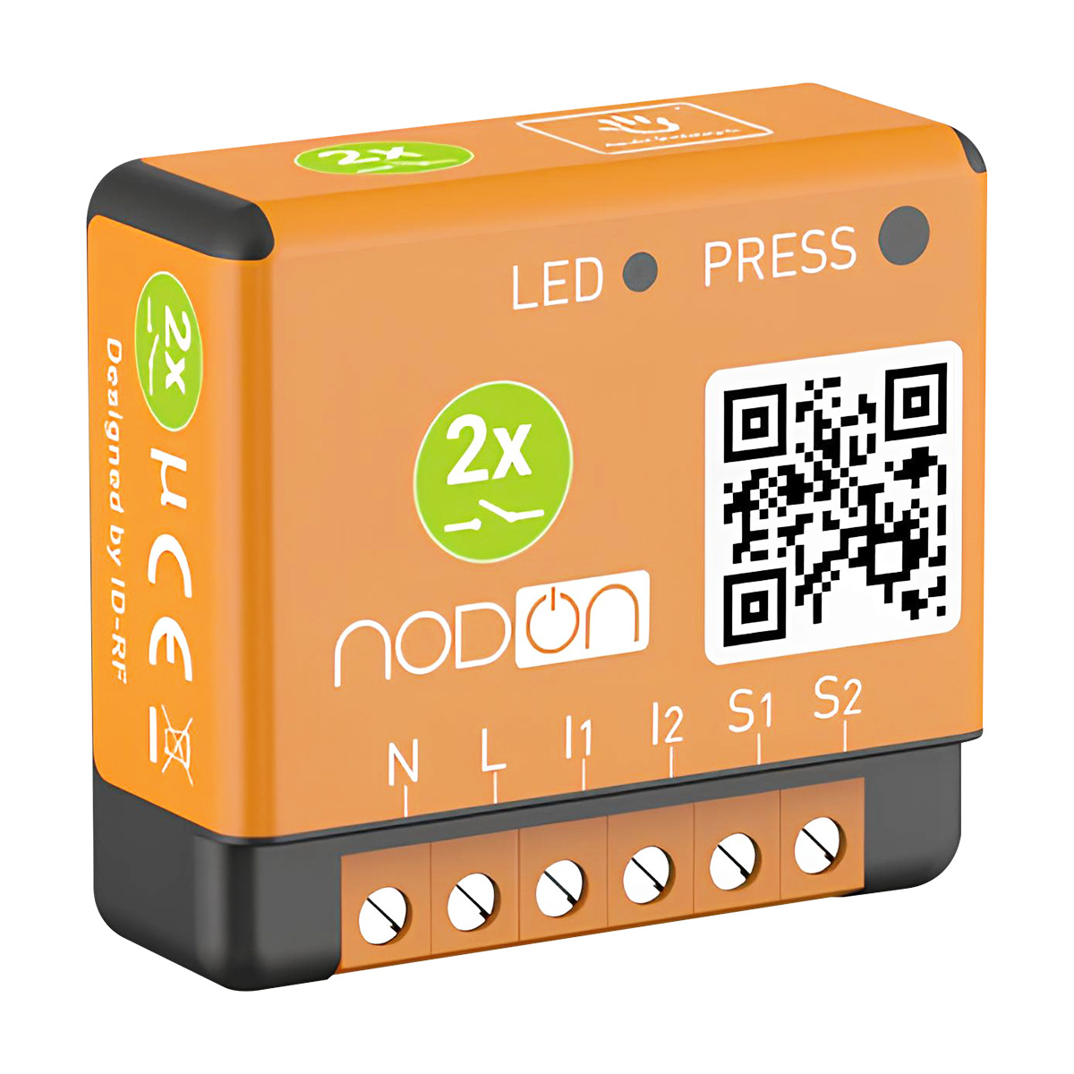 Dispositivo smart home arancione con terminali N, L, I1, I2, S1, S2. Presenta codice QR.