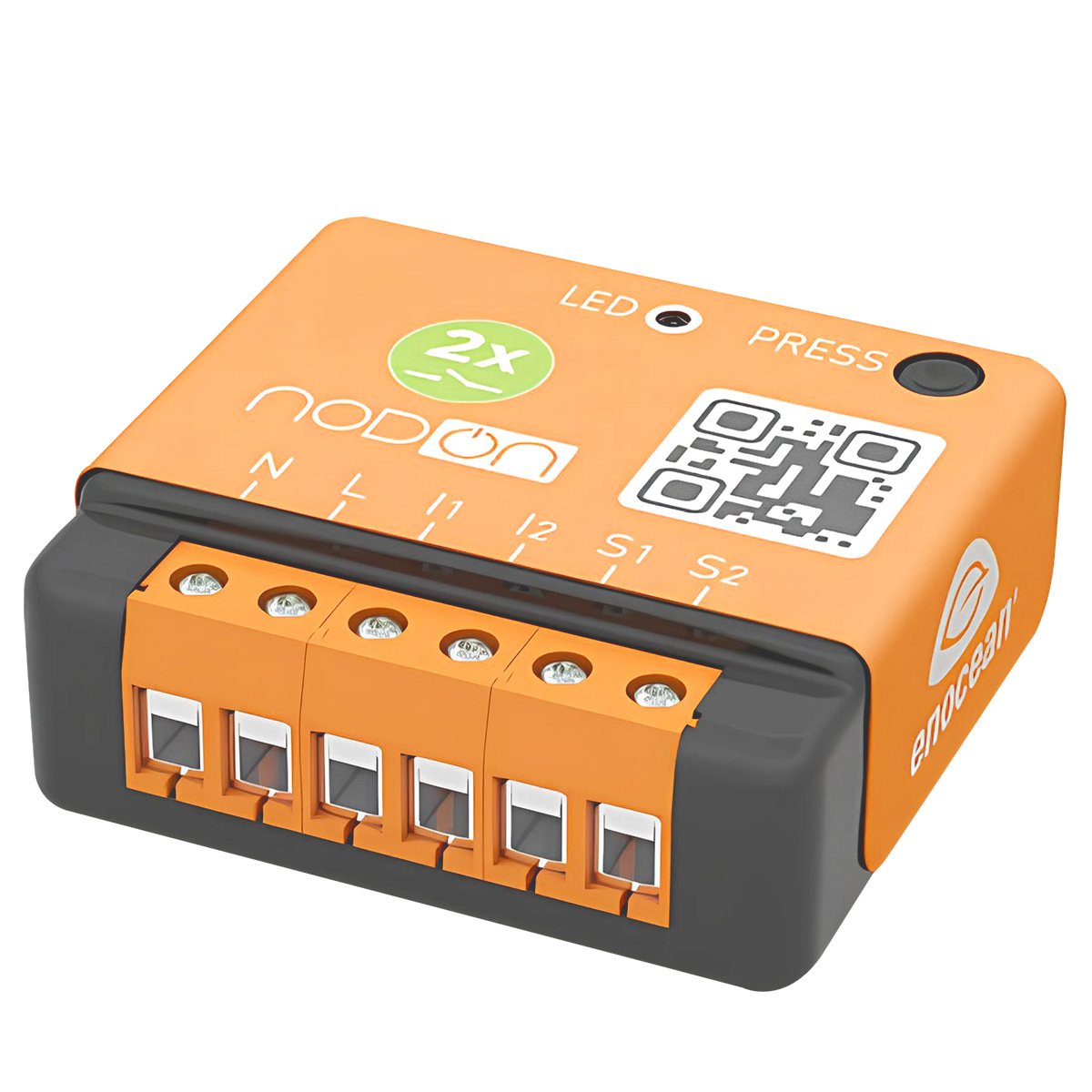 Interruttore smart home arancione e nero con morsetti etichettati e codice QR.