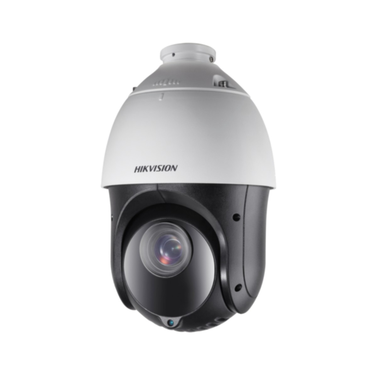 Una telecamera di sicurezza PTZ Hikvision bianca e nera con obiettivo è mostrata su sfondo bianco.