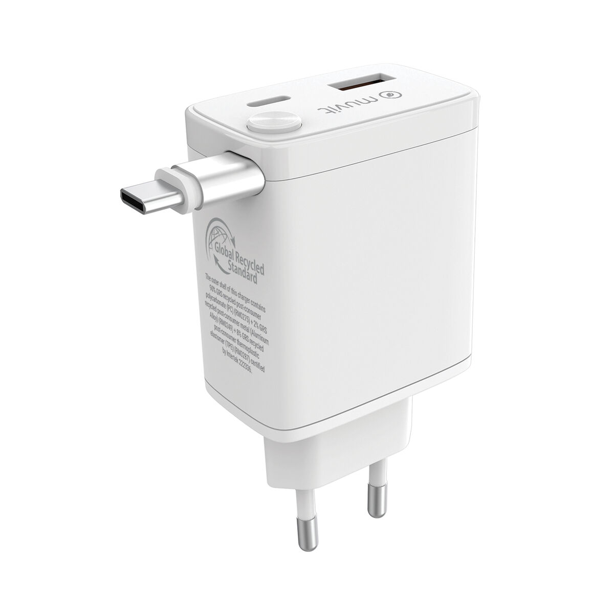Caricatore USB-C bianco con logo e testo Global Recycled Standard.