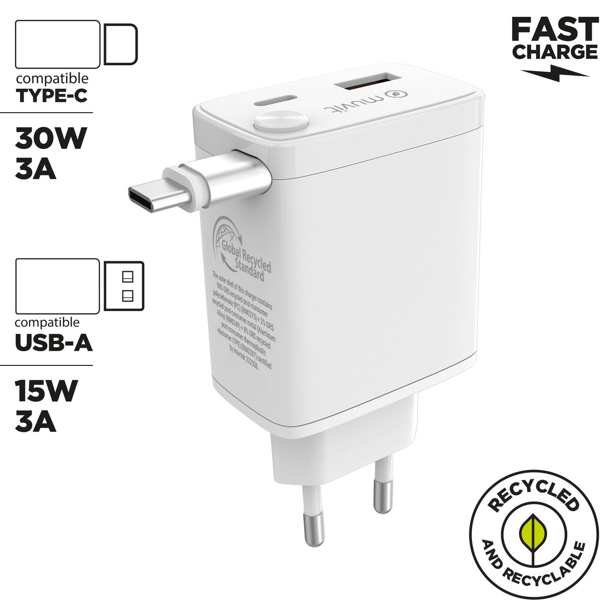 Adattatore di alimentazione bianco USB-C e USB-A a ricarica rapida. 30W/3A Type-C, 15W/3A USB-A.