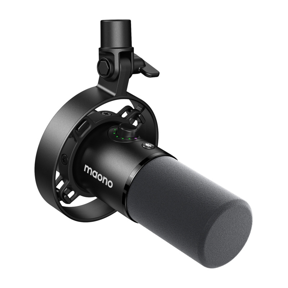 Microfono Maono nero con filtro antipop in schiuma e supporto regolabile.