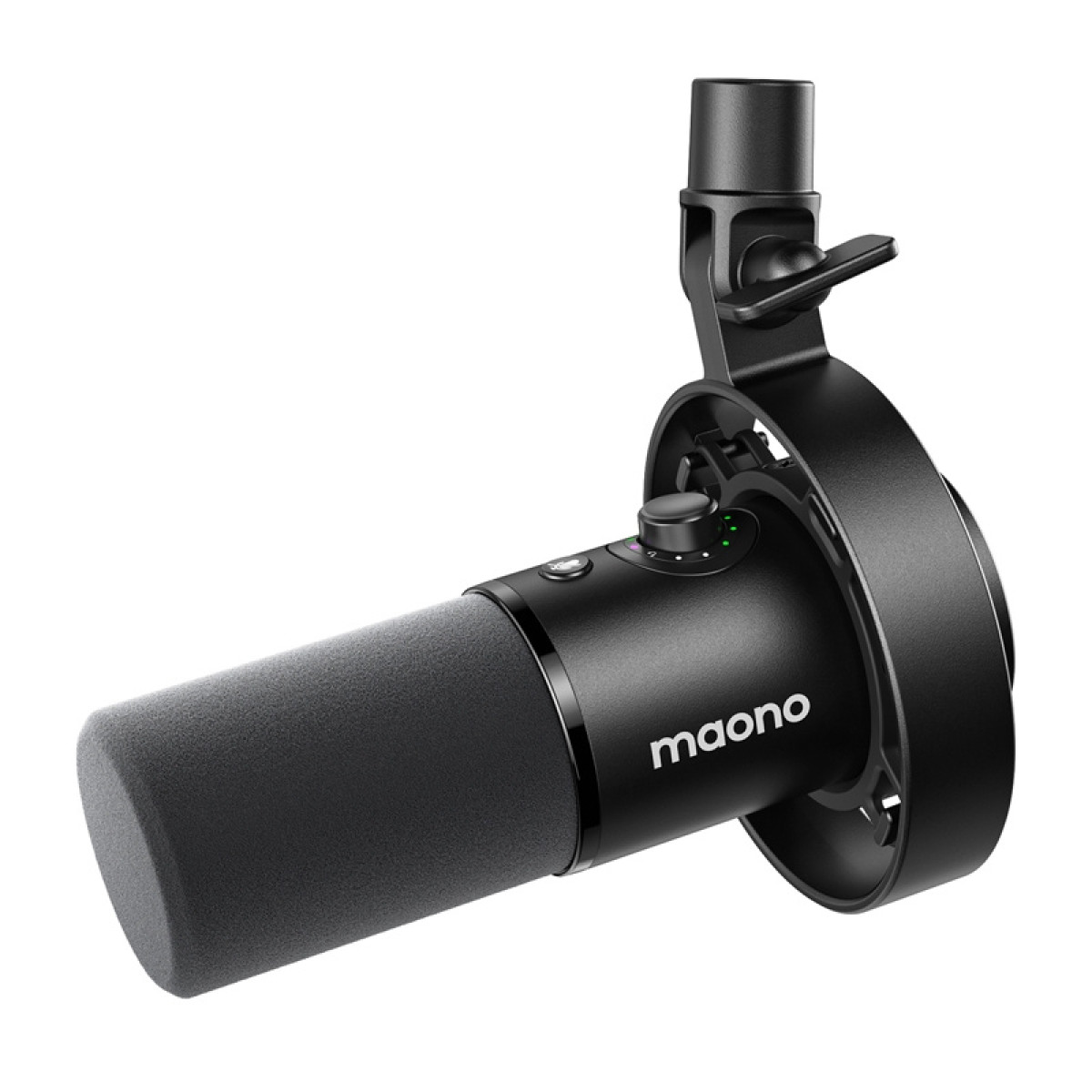 Microfono Maono nero con filtro anti-pop in schiuma e supporto antivibrazione. Manopola volume e luci LED.
