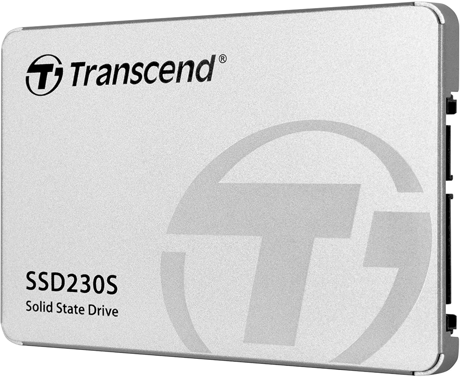 Unità a stato solido Transcend SSD230S argentata con logo del marchio e grande T.