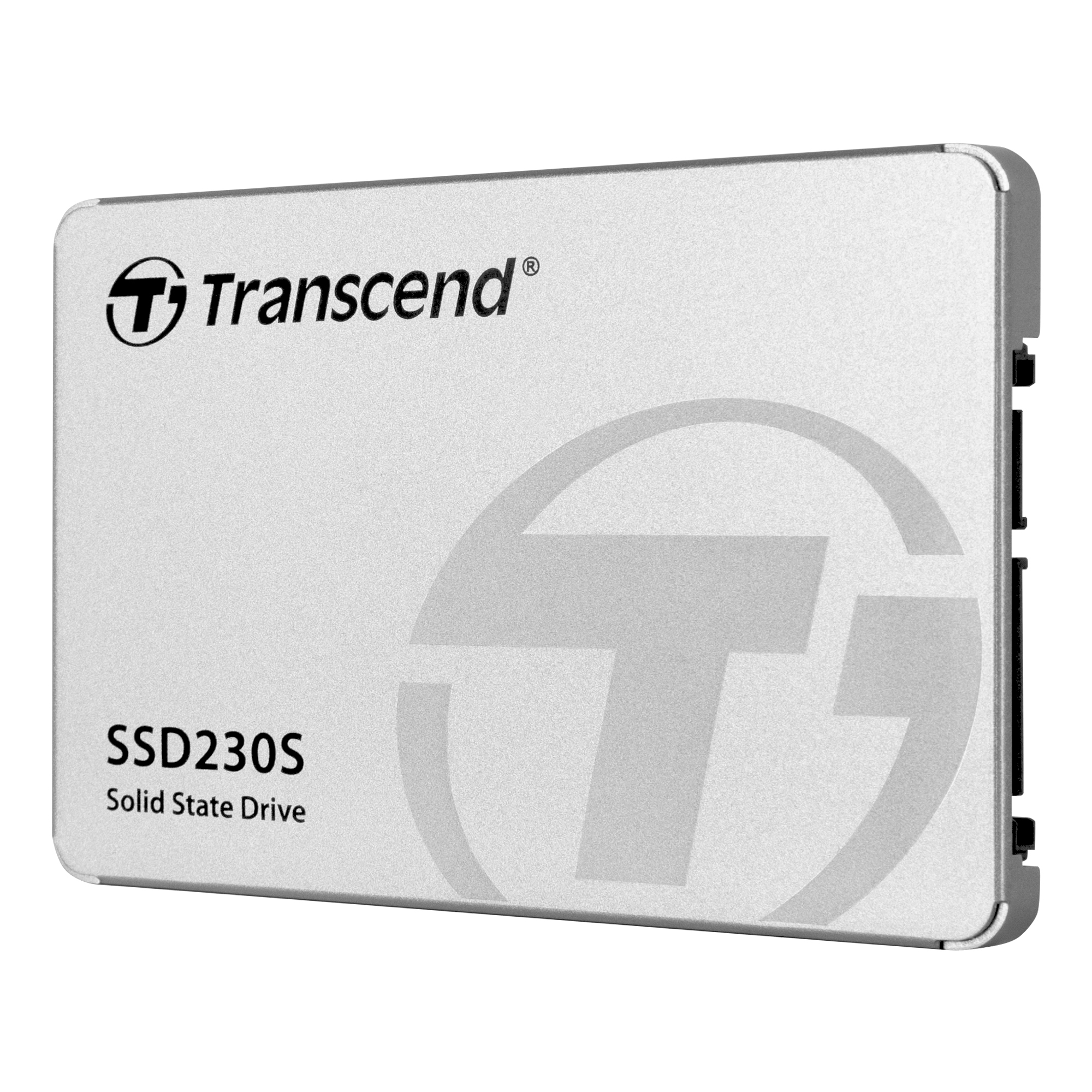 Unità a stato solido Transcend SSD230S argentata con logo e grande simbolo T.