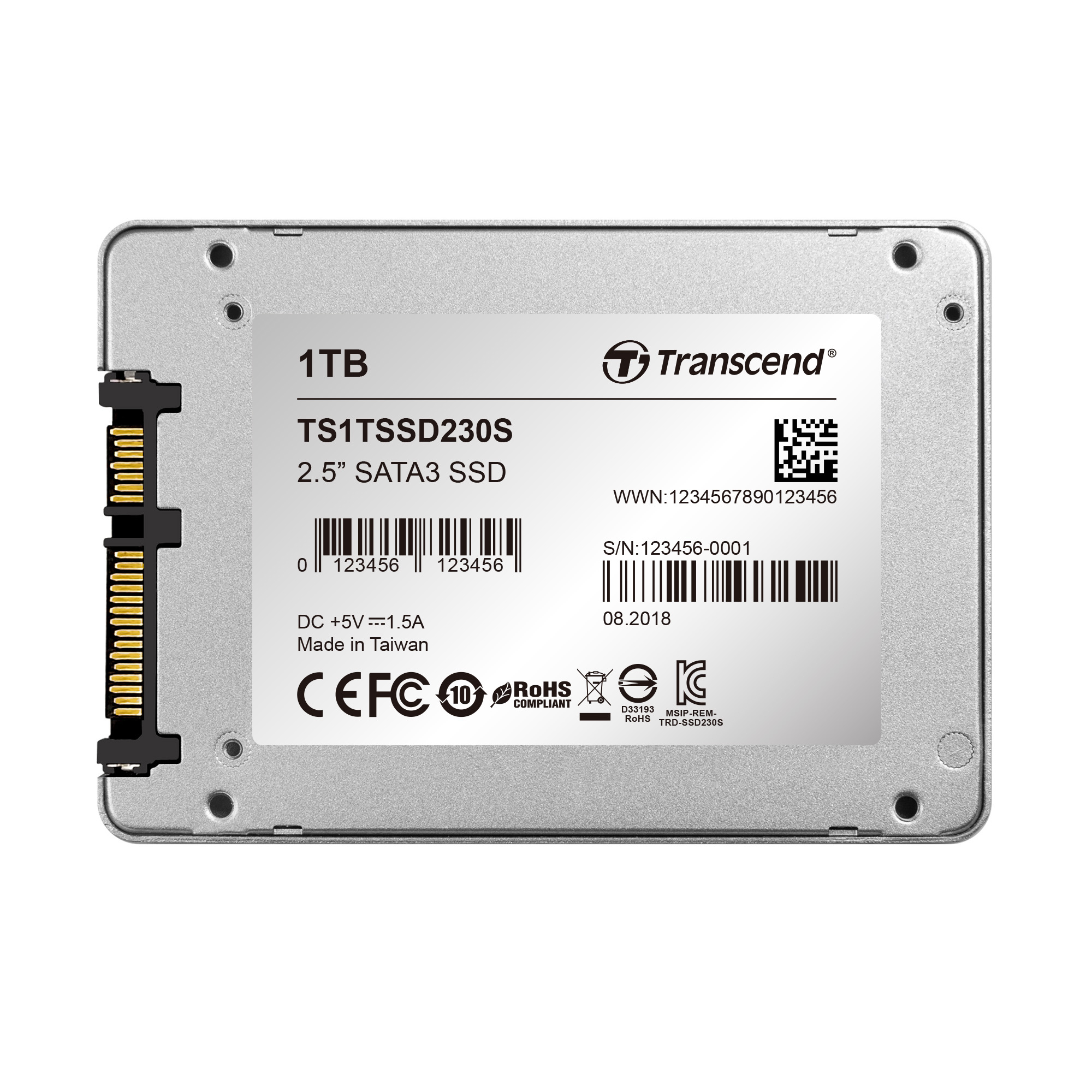 Un SSD SATA3 Transcend da 2,5" da 1TB, modello TS1TSSD230S. Mostra varie certificazioni.