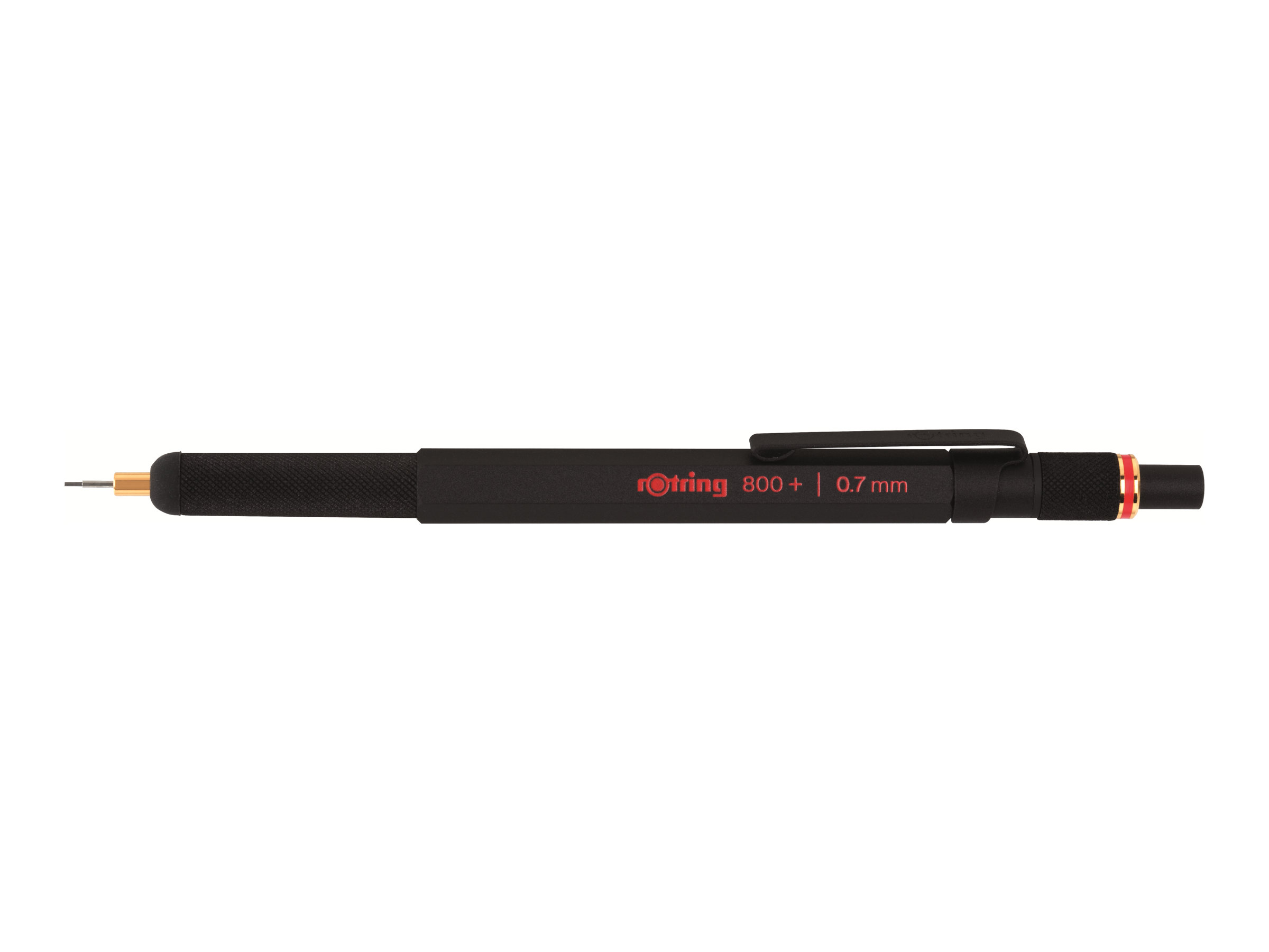 Una matita meccanica nera Rotring 800+ con mina da 0,7 mm e accenti rossi.