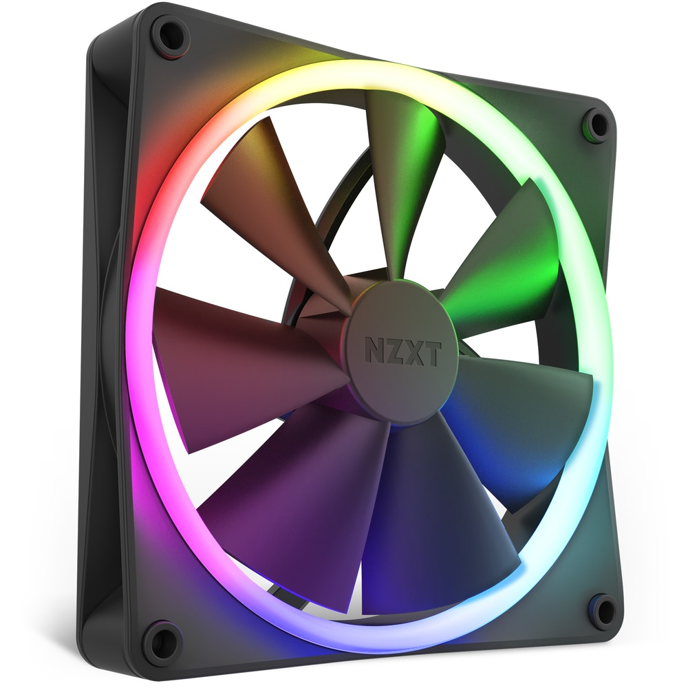 Ventola per computer nera con illuminazione RGB e logo NZXT sul mozzo.