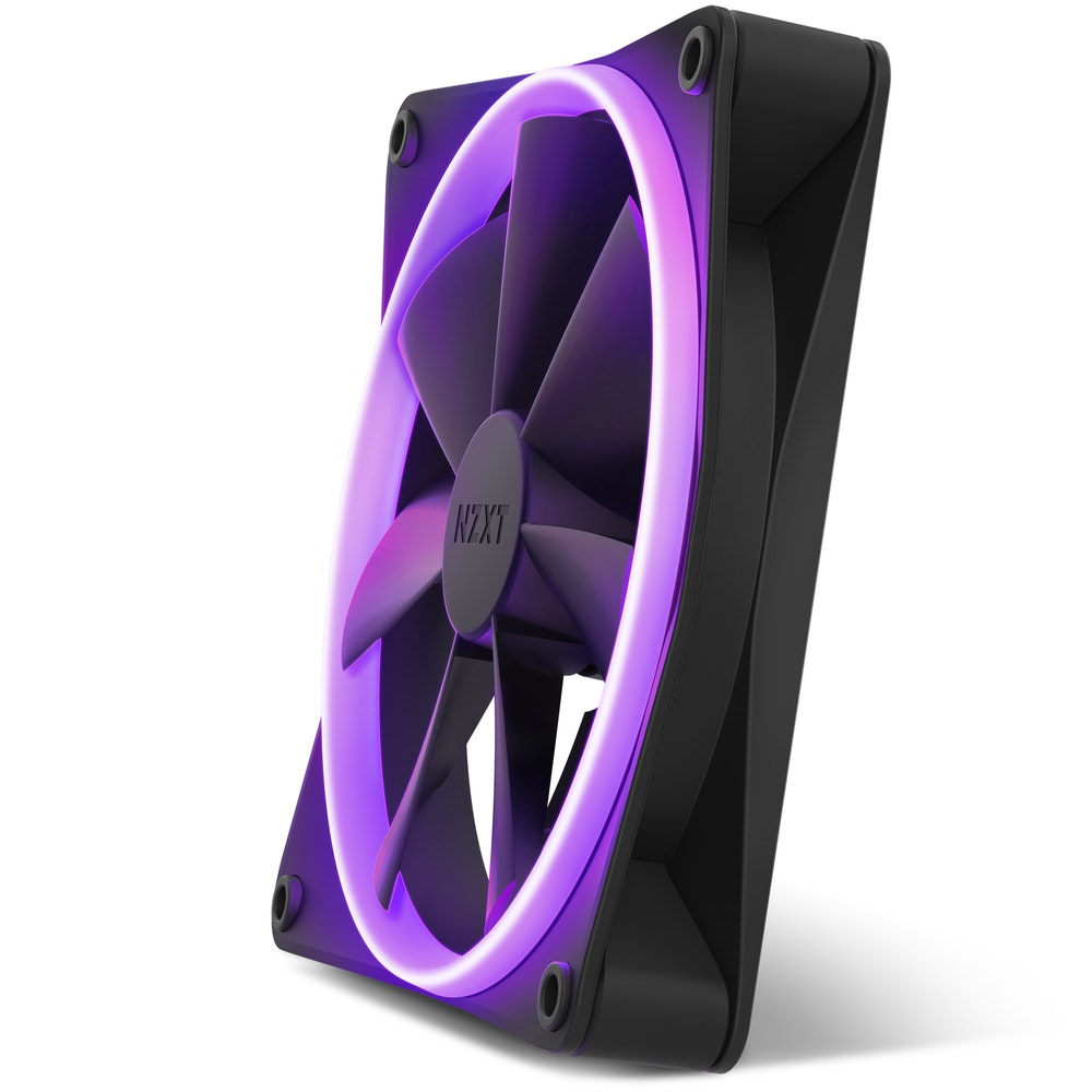 Ventola PC nera con illuminazione LED viola attorno al telaio.
