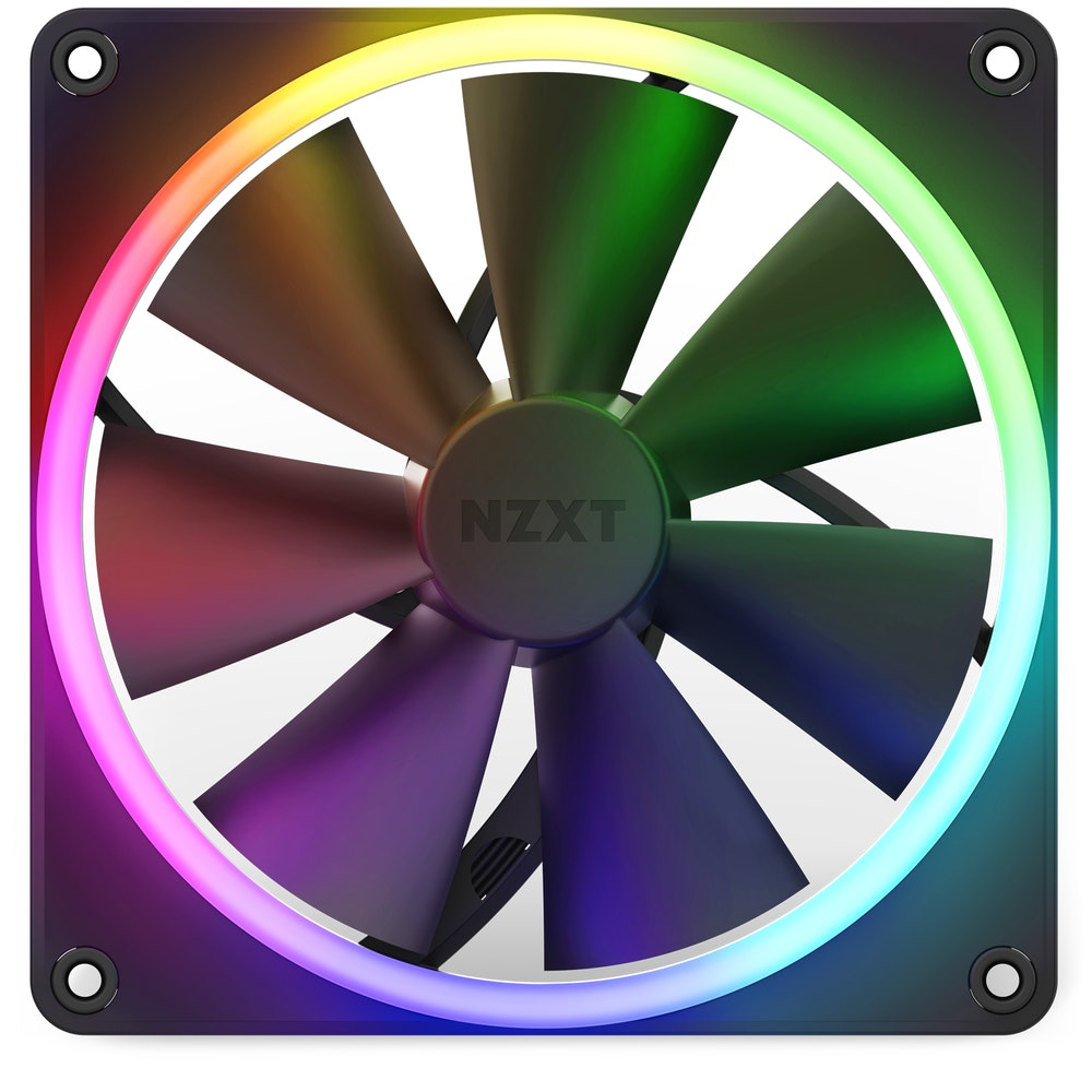 Una ventola per computer NZXT nera con illuminazione RGB sul bordo.