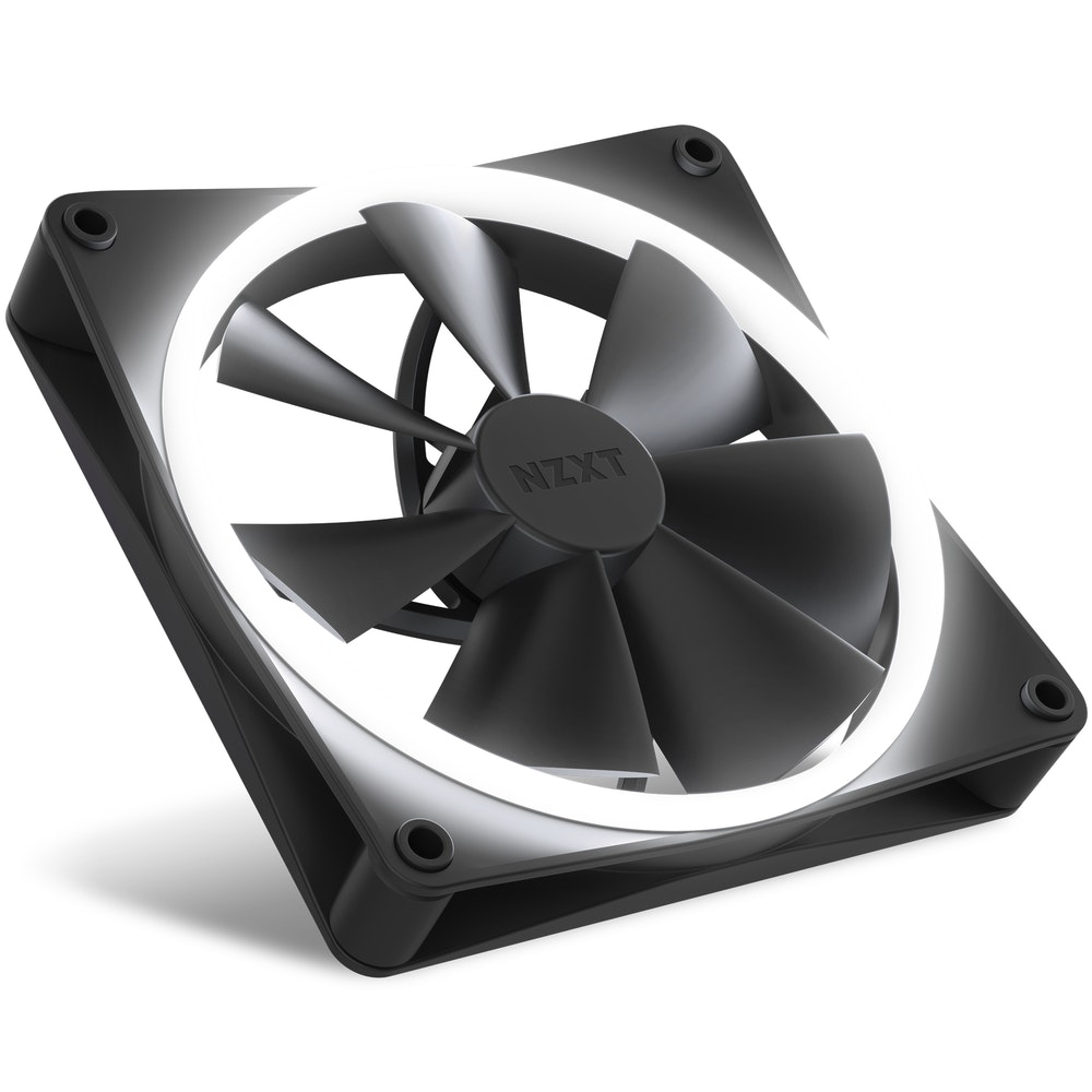 Ventola per computer nera con LED bianchi e logo NZXT.