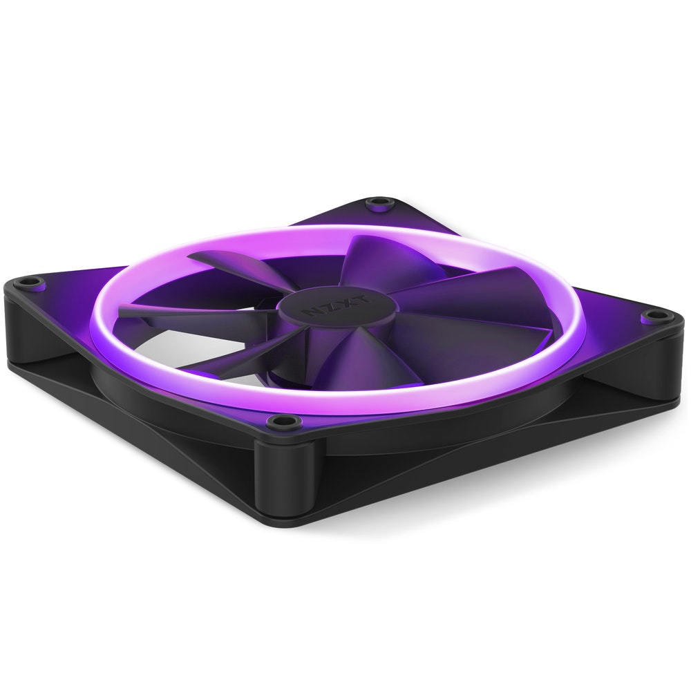 Ventola computer NZXT nera con illuminazione LED viola su sfondo bianco.