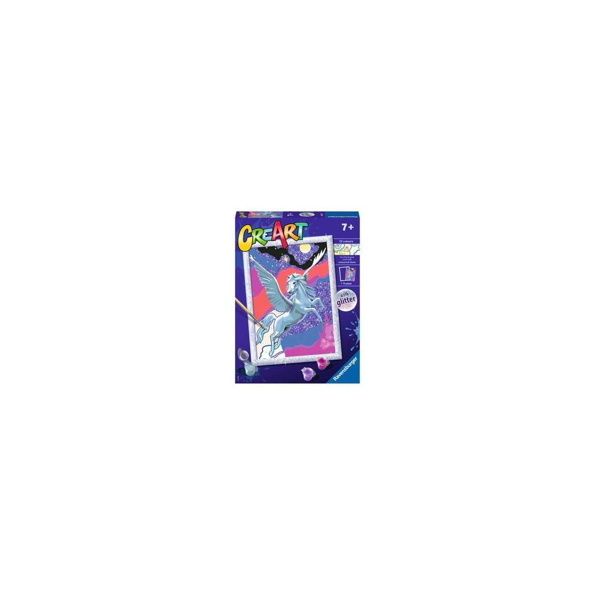 Kit CreArt pittura per numeri con glitter, raffigurante un cavallo alato. Include colori e pennelli.
