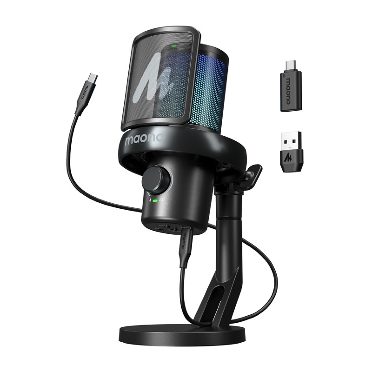 Un microfono Maono nero con filtro anti-pop e luci LED colorate, su un supporto con accessori.